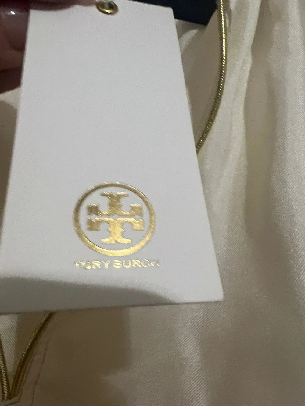 Tory Burch Ivory Satin Sleeveless Shell with Gold Trim